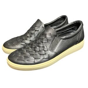ECCO Soft 7 Woven Slip On Women 8 39 Black Leather Sneakers 430453-01001